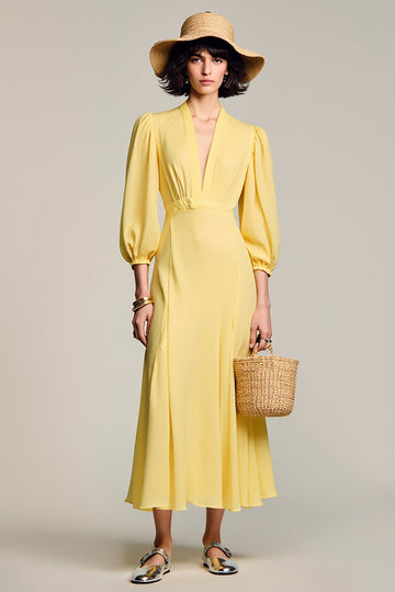 A Line Yellow V Neck Long Wedding Guest Dress
